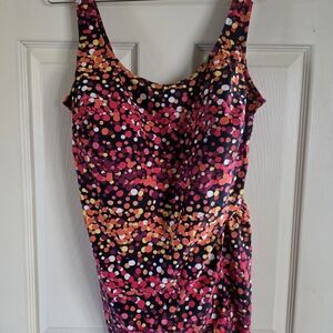 Delta Burke Black Scoop One-Piece with Pink, Orange & Yellow Polka Dot Print
